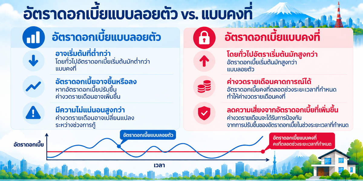 เปรียบเทียบอัตราดอกเบี้ยสินเชื่อที่อยู่อาศัยแบบลอยตัวและแบบคงที่ในญี่ปุ่น
